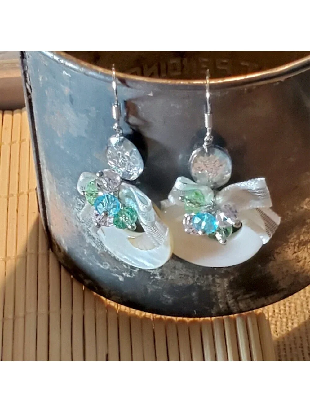 Handcrafted Retro Pearl Shell Czech Crystal White Satin Bows Dangle Earrings